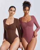 Long-sleeve sweetheart bodysuit set in brown and rose-pink, ruched bust