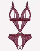 Purple lace deep V teddy bodysuit set with bow straps and heart-shaped charm