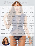 Size chart overlay with bust, waist, hips, height, weight, and cup ranges