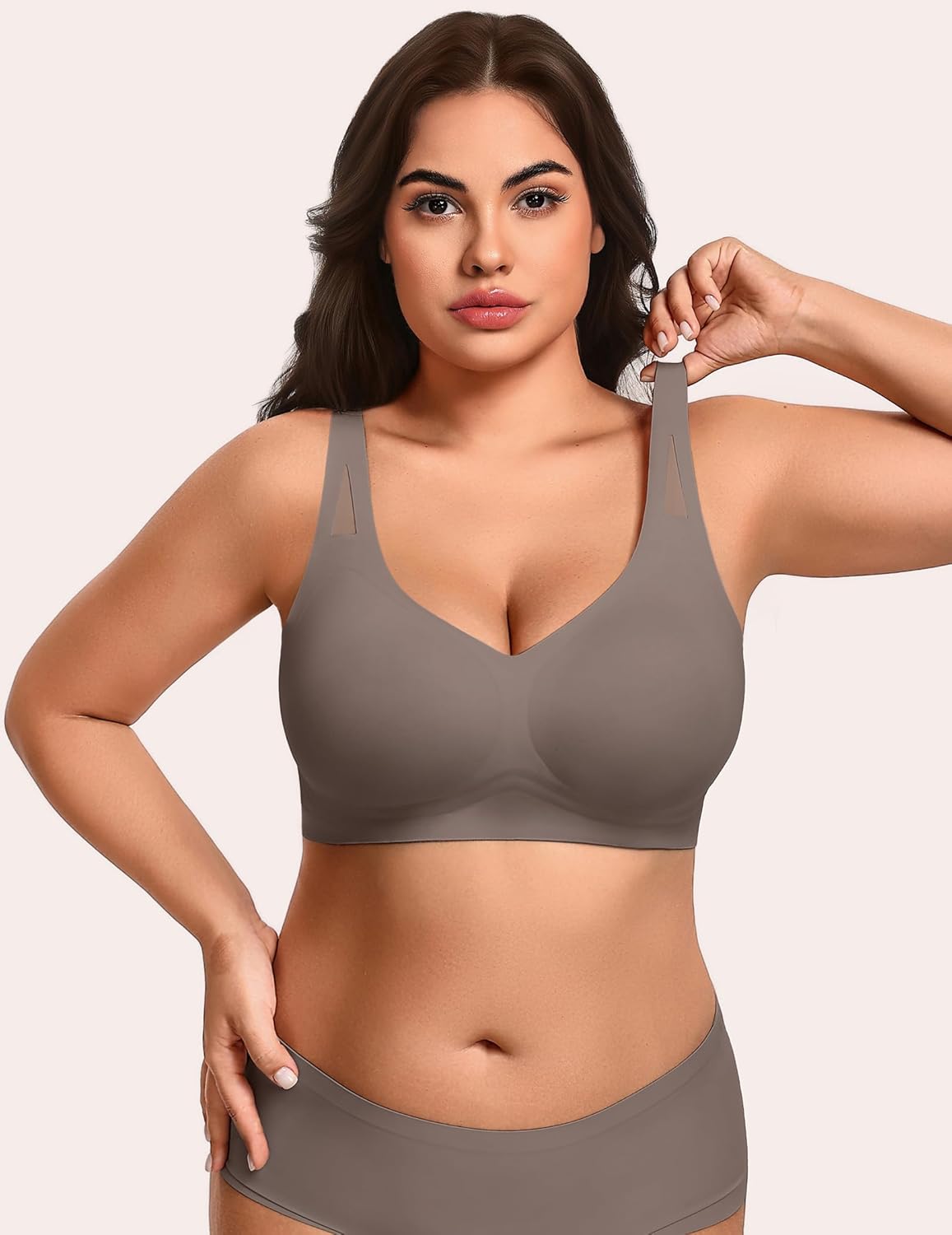Grey wireless full coverage bra with V-neck cups, smooth seamless design, no underwire