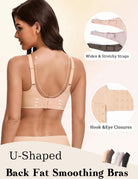 Nude wireless bra back view with wide adjustable straps and hook-and-eye closure