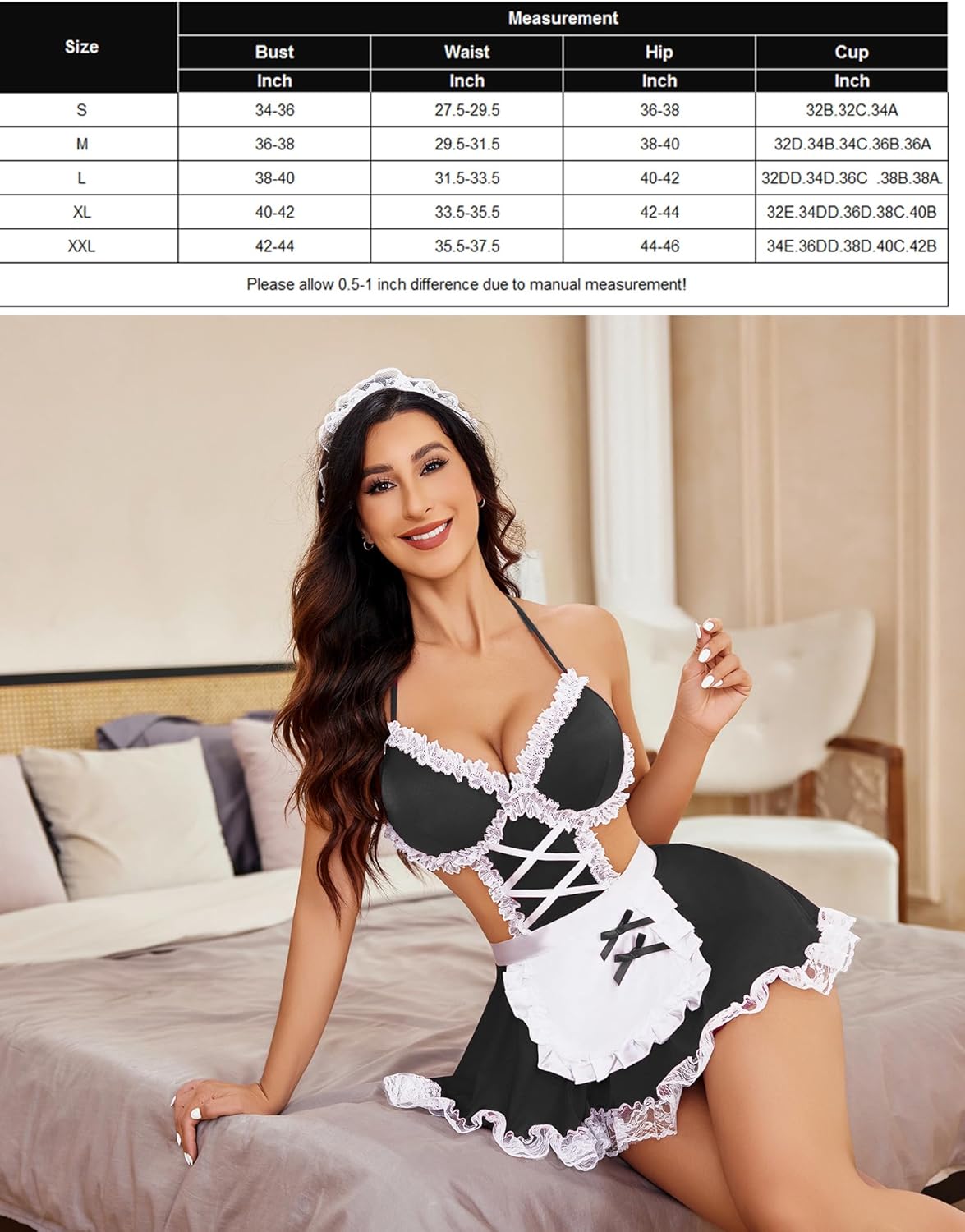 Black lace maid lingerie set with white trim, crisscross corset front and ruffled skirt