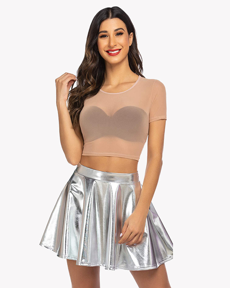 Nude mesh crop top with sheer bust panel, short sleeves, round neck