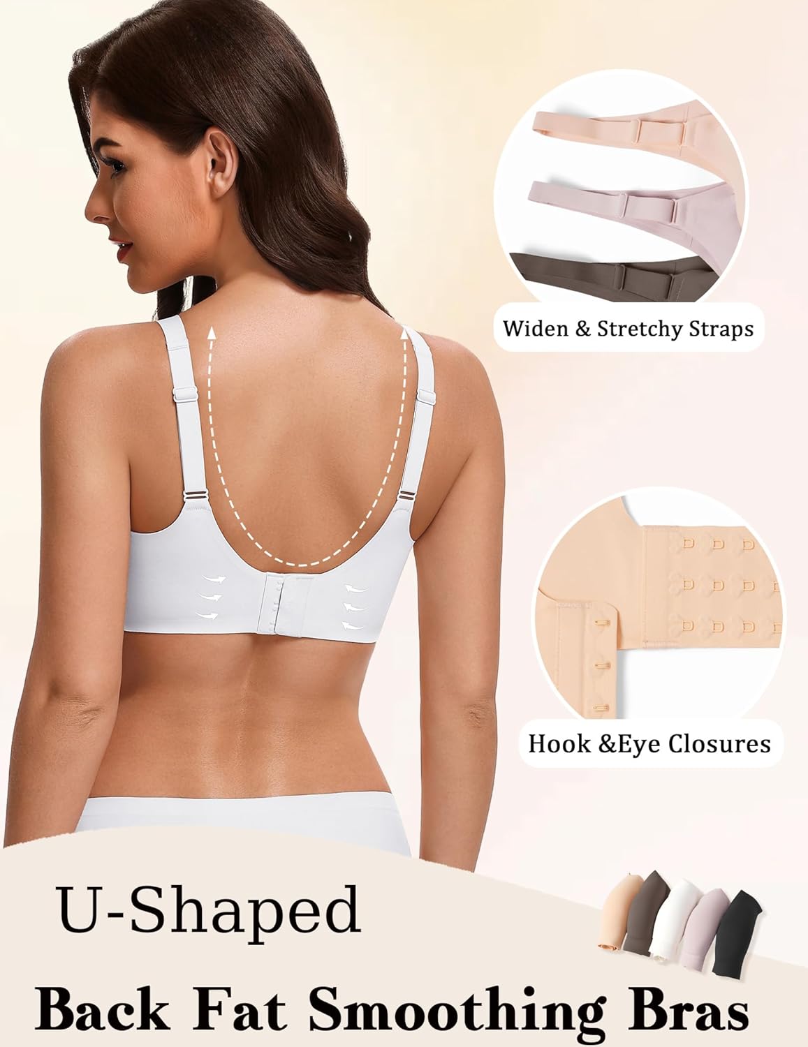 Wireless full-coverage bra back view in white, adjustable wide straps