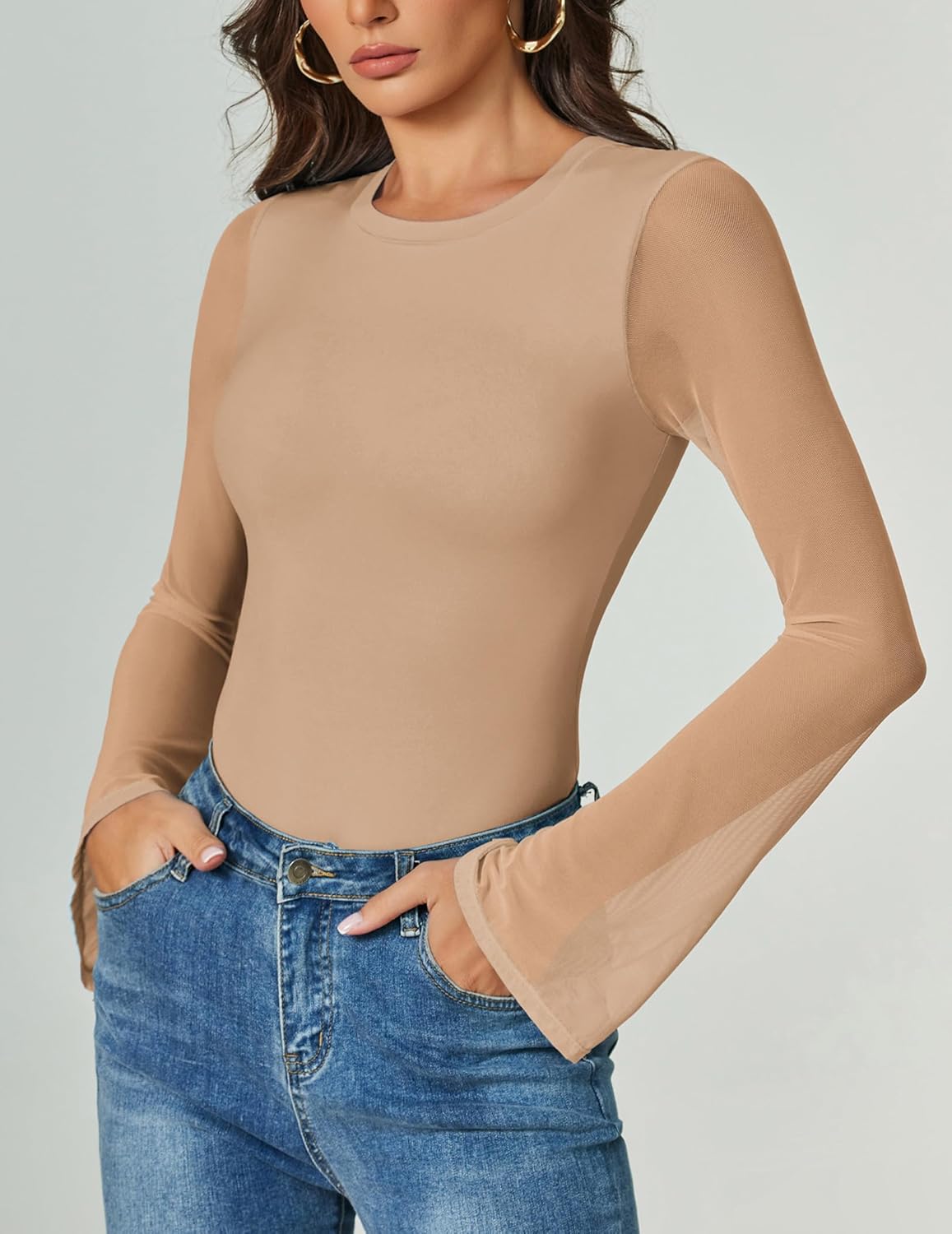 Long-sleeve mesh thong bodysuit, nude beige