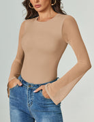 Long-sleeve mesh thong bodysuit, nude beige