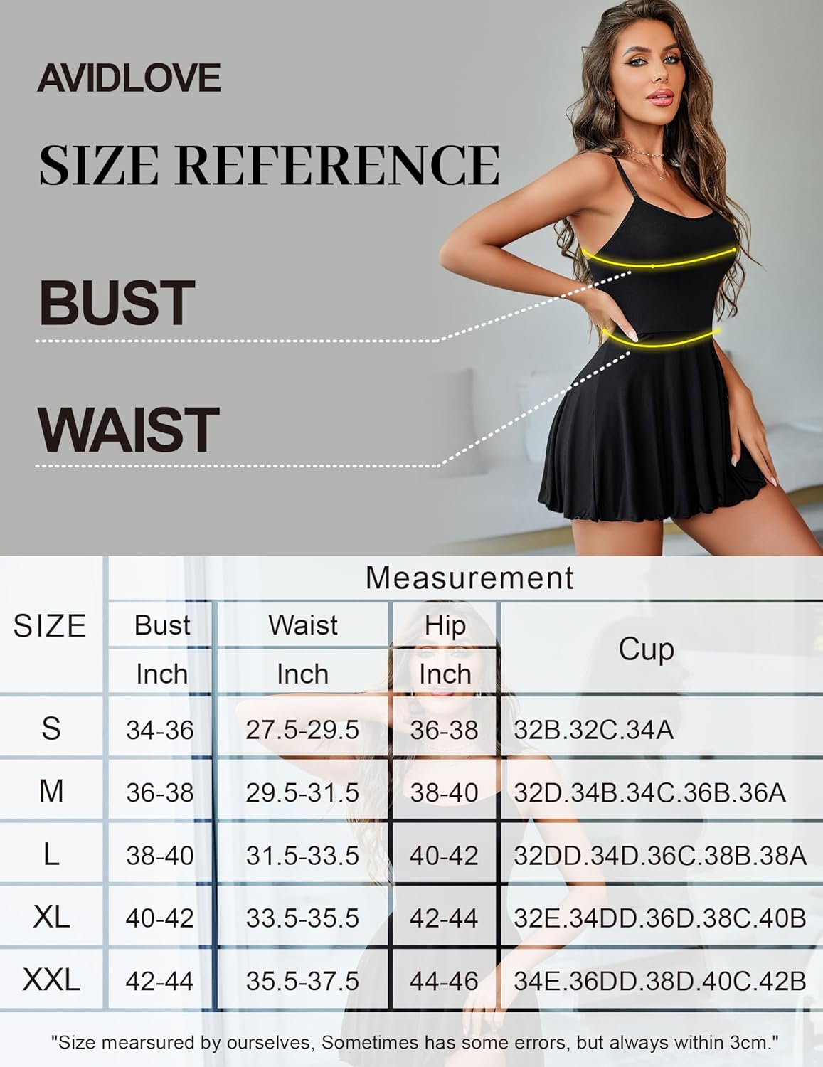 Size reference chart for strap chemise nightgown dress measurements