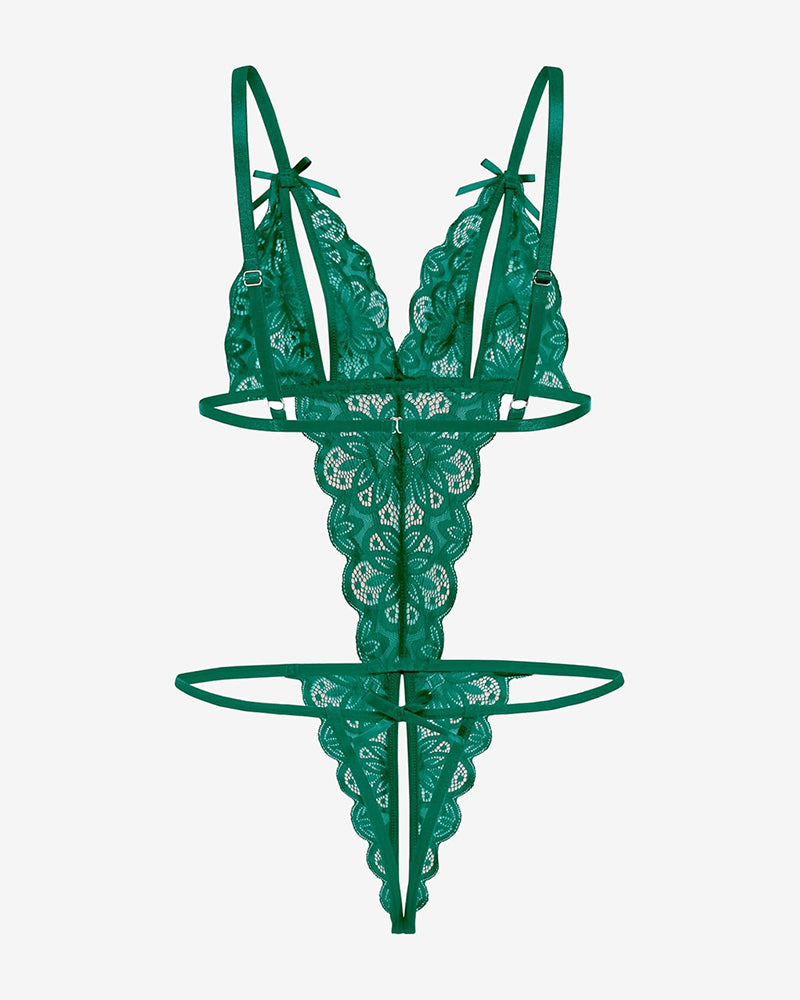 Green lace bodysuit teddy with underbust bands, deep V front, bow straps