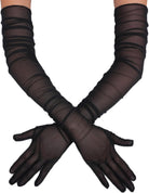 Black long sheer mesh gloves with striped bands and openwork full fingers.