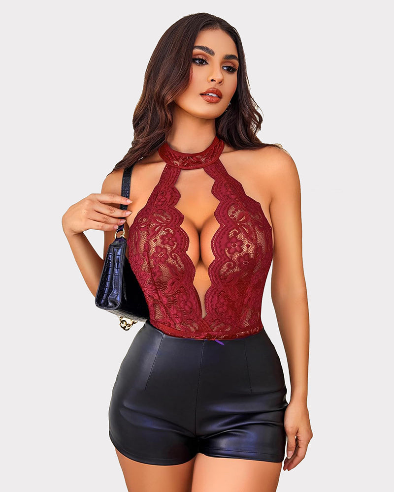 Halter lace teddy in burgundy red, deep V mesh lace, scalloped trim and thong-style hem