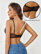 Black lace push up balconette bra back view showing adjustable back buckle