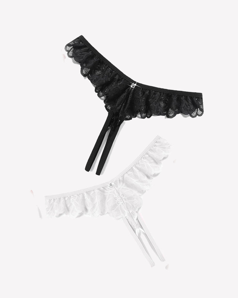 Black and white lace criss-cross thong briefs with scalloped trim and side ties