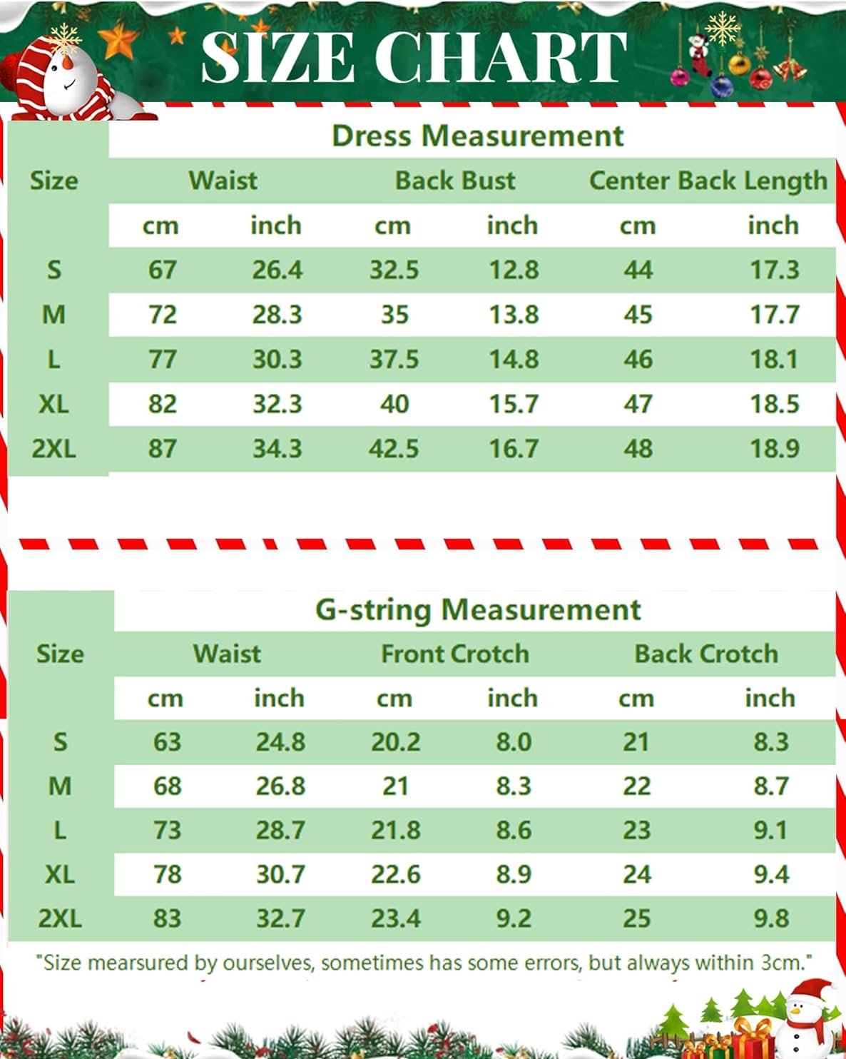 Holiday size chart showing dress measurements and G-string measurements table
