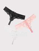 Lace thong panties with bow, black, pink, and white lace set