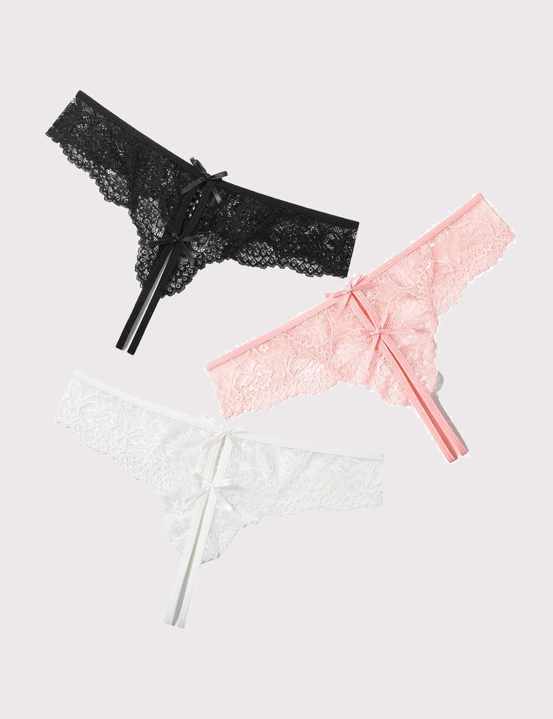 Lace thong panties with bow, black, pink, and white lace set
