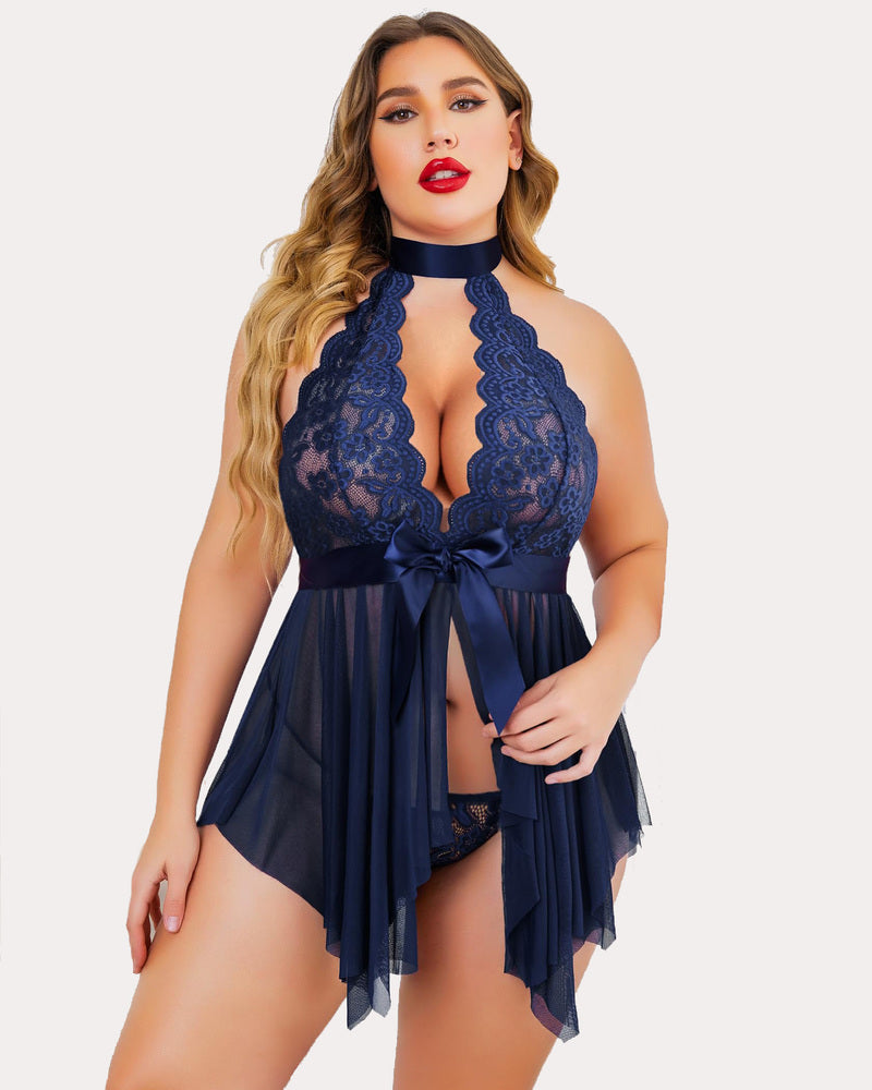Navy lace high-waist teddy babydoll with plunge neckline, ribbon bow, and layered sheer skirt