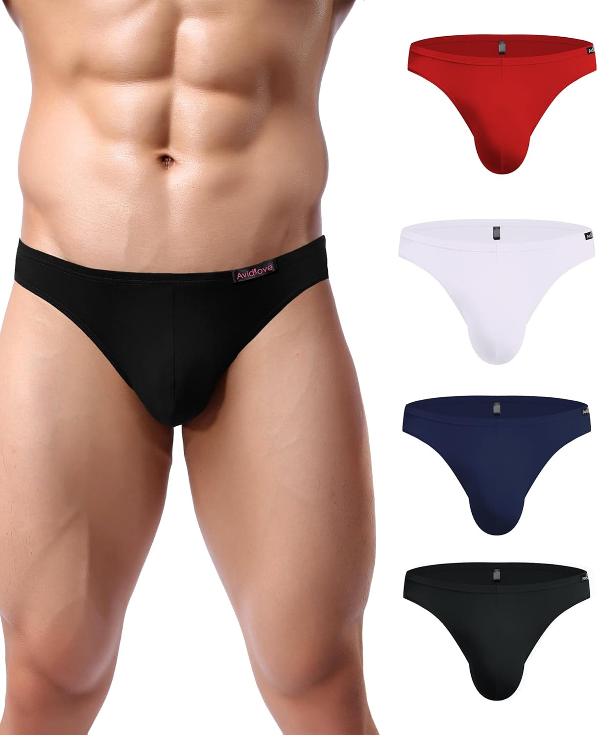 Men's low-rise hip briefs in black, red, white, and navy colors