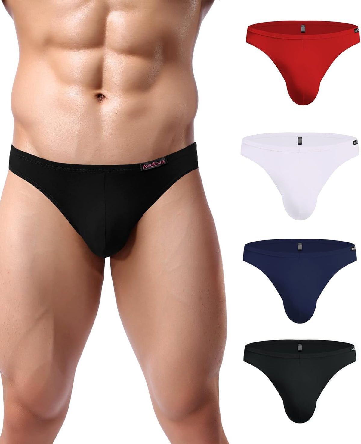 Men's low-rise hip briefs in black, red, white, and navy colors