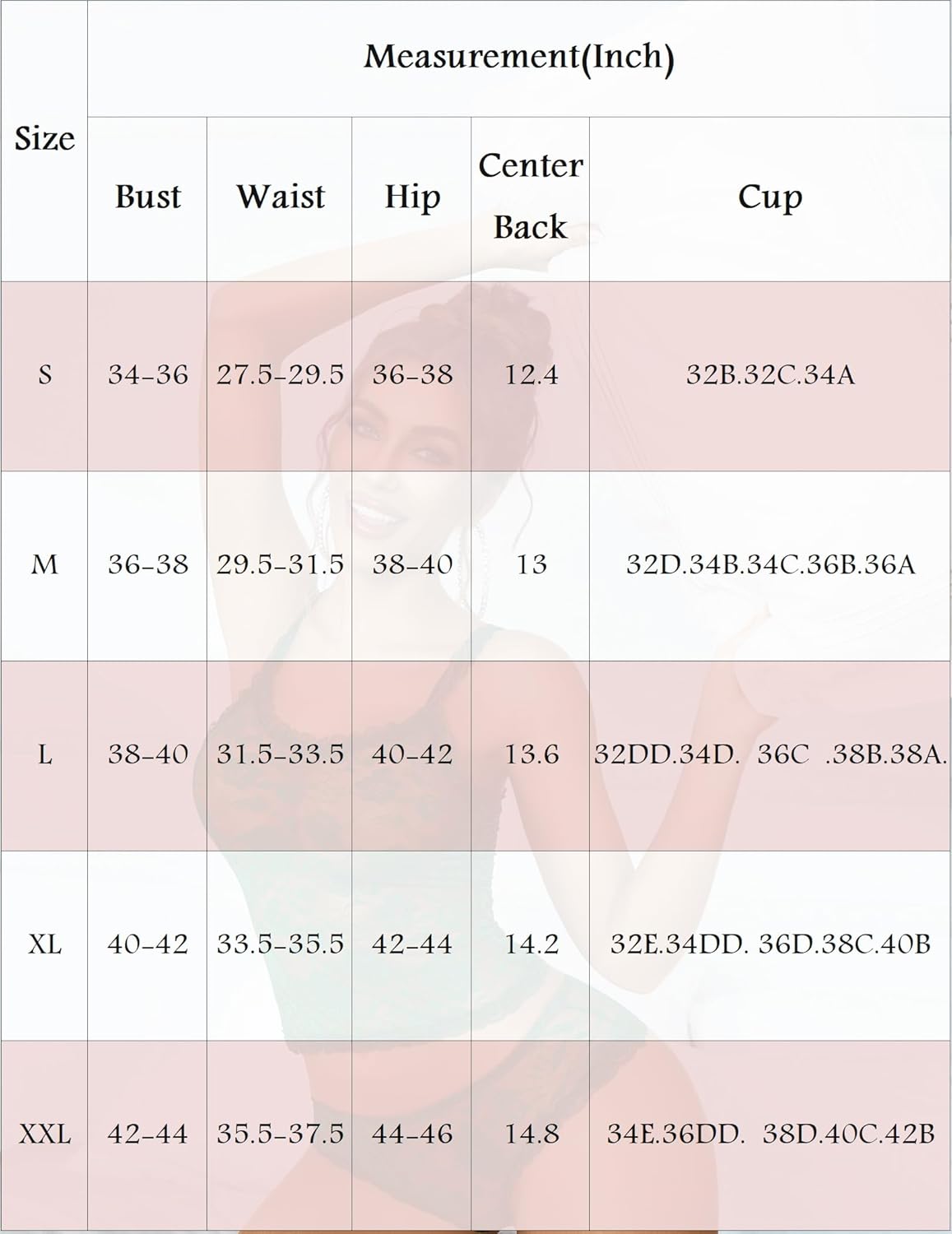 Lingerie size chart table with bust, waist, hip, center-back, and cup values