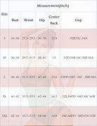 Lingerie size chart table with bust, waist, hip, center-back, and cup values