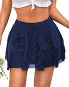 Navy layered ruffle mesh mini skirt with tiered flounce detail