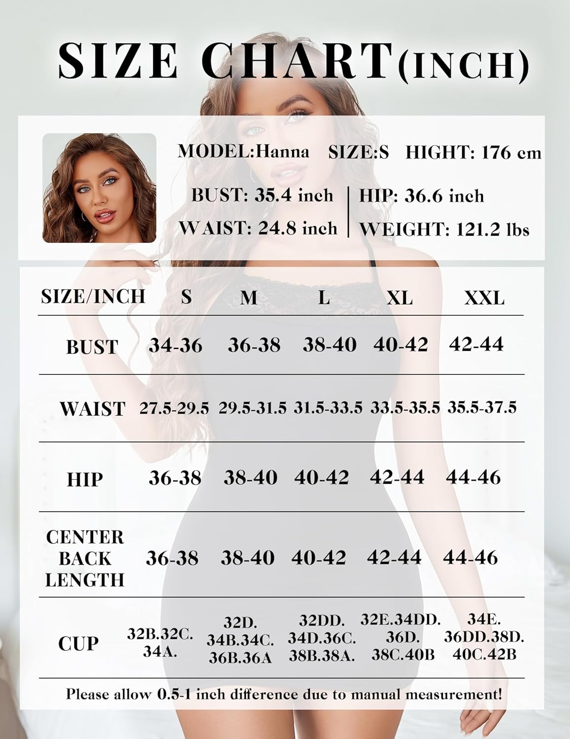 Dress size chart with bust, waist, hip, and center back length measurements