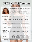 Dress size chart with bust, waist, hip, and center back length measurements