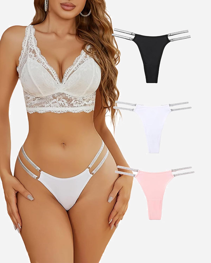 Low-waist Brazilian tanga panties set in black, white, and blush pink with silver trim