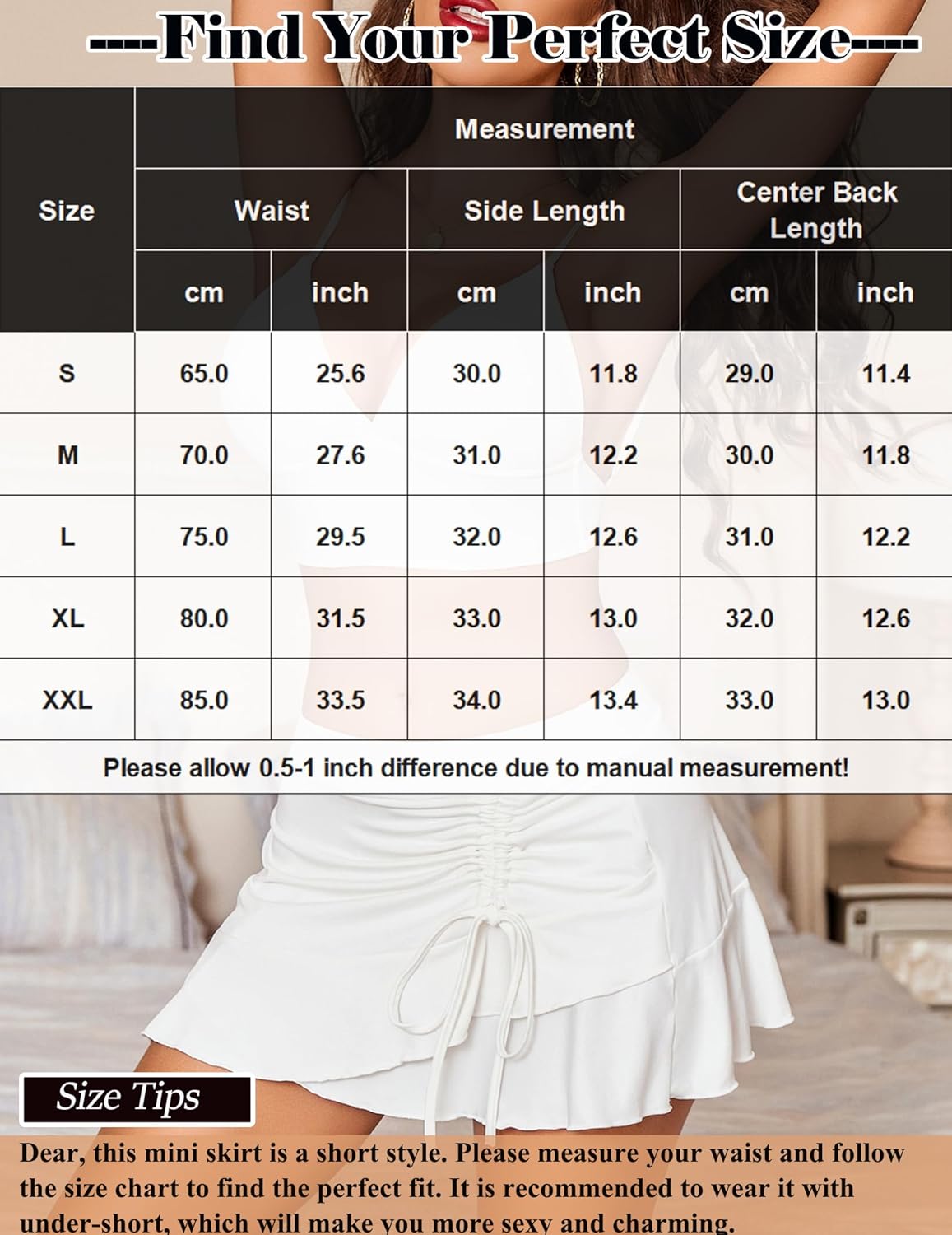 White pleated wrap mini skirt with drawstring waist ties and ruffled hem