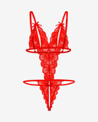 Red lace deep V teddy bodysuit with strappy front harness and thong back