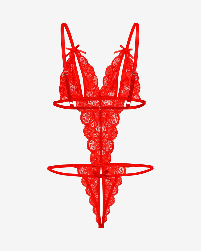Red lace deep V teddy bodysuit with strappy front harness and thong back