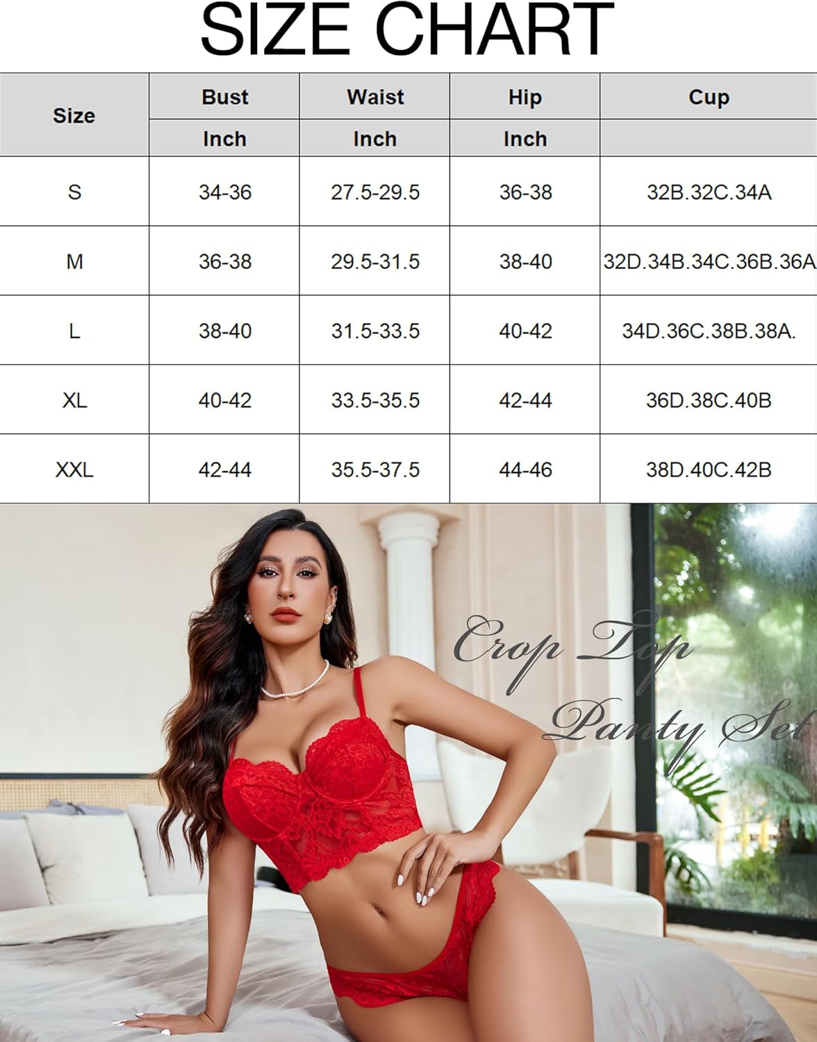 Corset bra and panty set, red lace balconette bra with matching high-cut lace briefs.