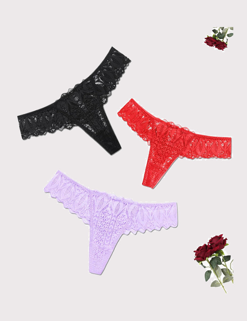 Lace thong underwear set in black, red, and light purple