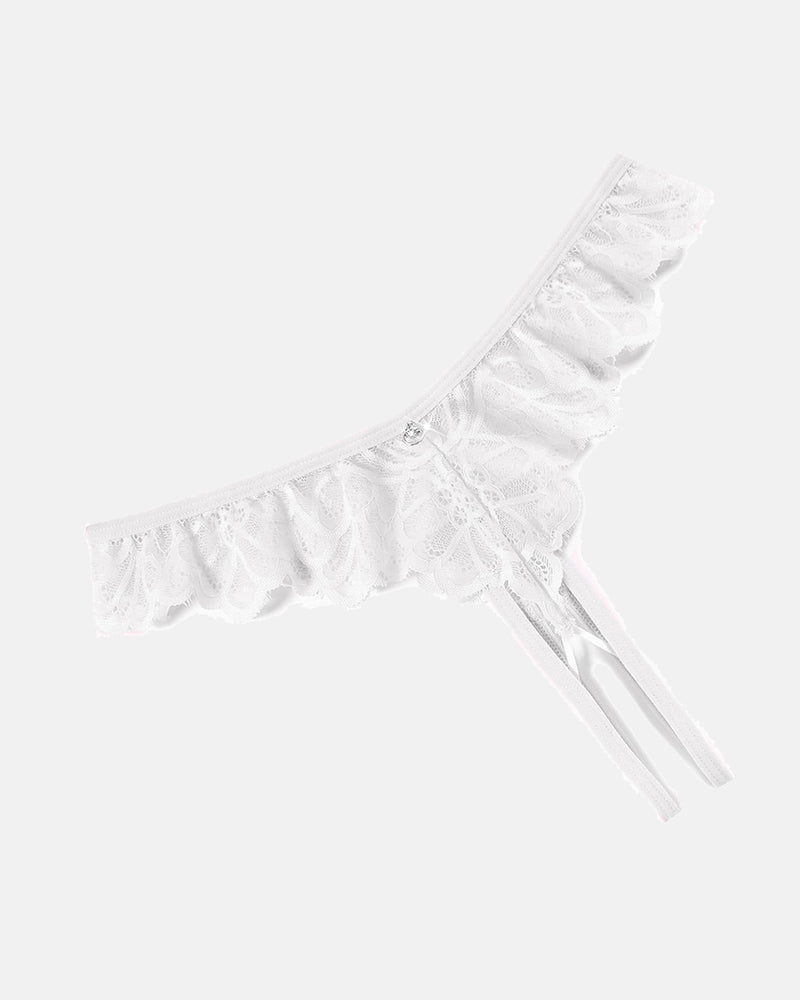 White lace criss-cross thong briefs with scalloped ruffle edge and side ties