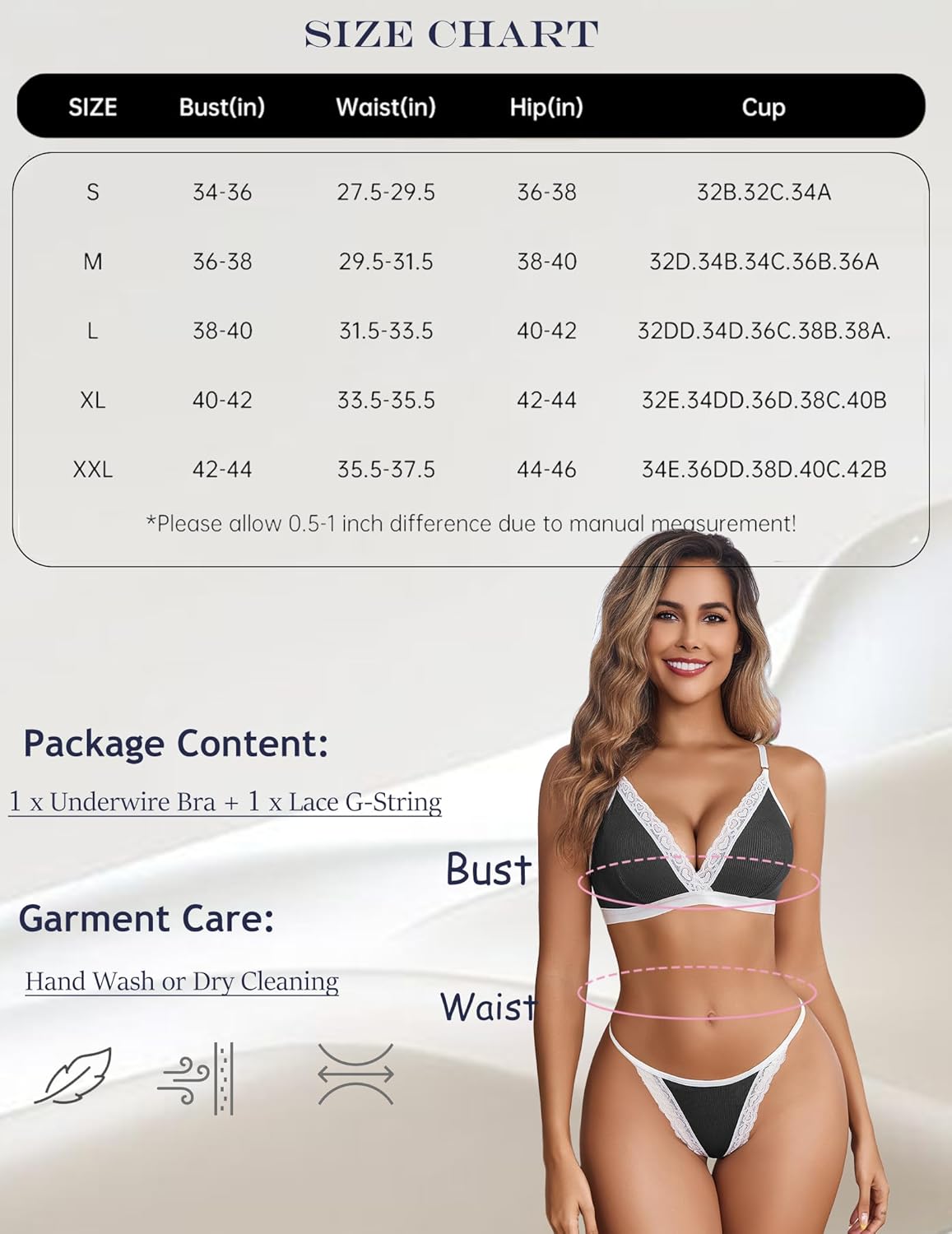 Model wearing ribbed bra and g-string set, black with white lace trim
