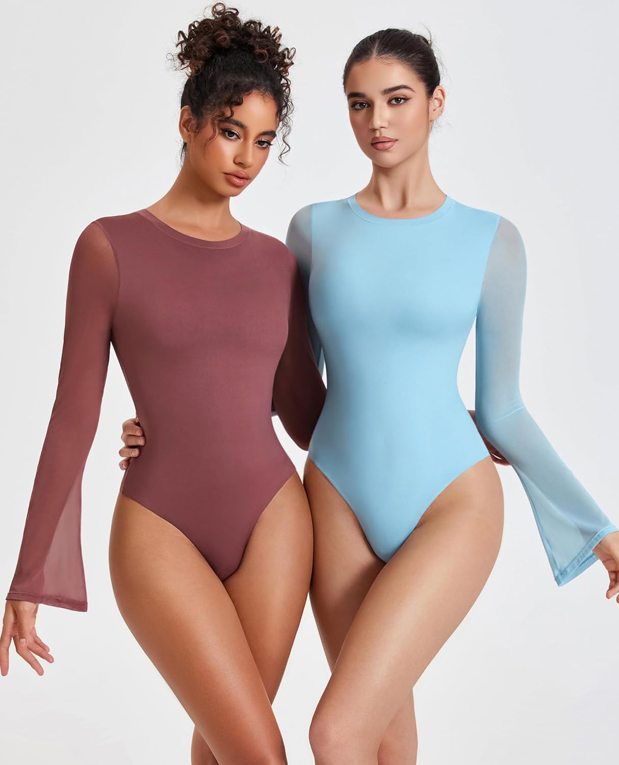 Long-sleeve bodysuits in plum and light blue with high-cut thong bottoms