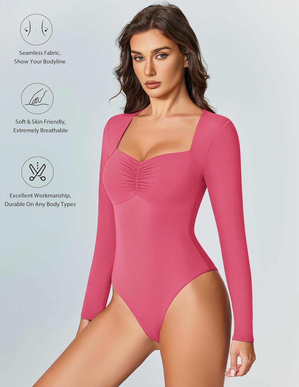 Sweetheart neckline bodysuit top, long-sleeve rose pink, ruched sweetheart neckline