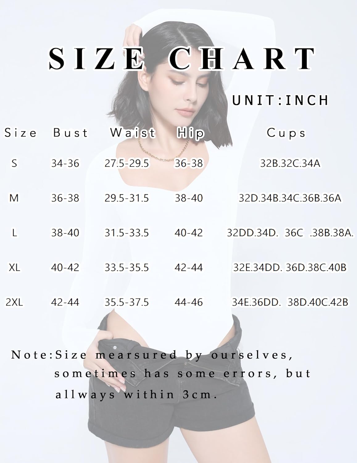 Size chart graphic with bust, waist, hip measurements and cup sizes