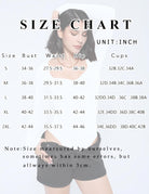 Size chart graphic with bust, waist, hip measurements and cup sizes