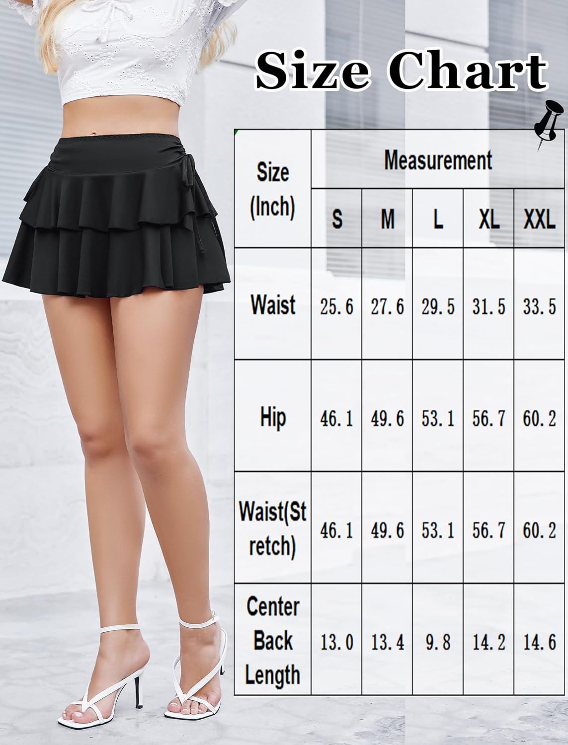 Black pleated mini skirt with layered ruffle hem and satin drawstring ties at waist