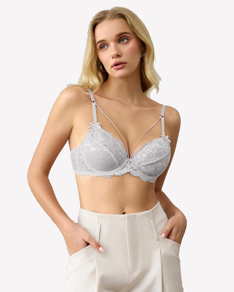 Light gray lace unlined strappy bra with underwire, scalloped cups, and bow details