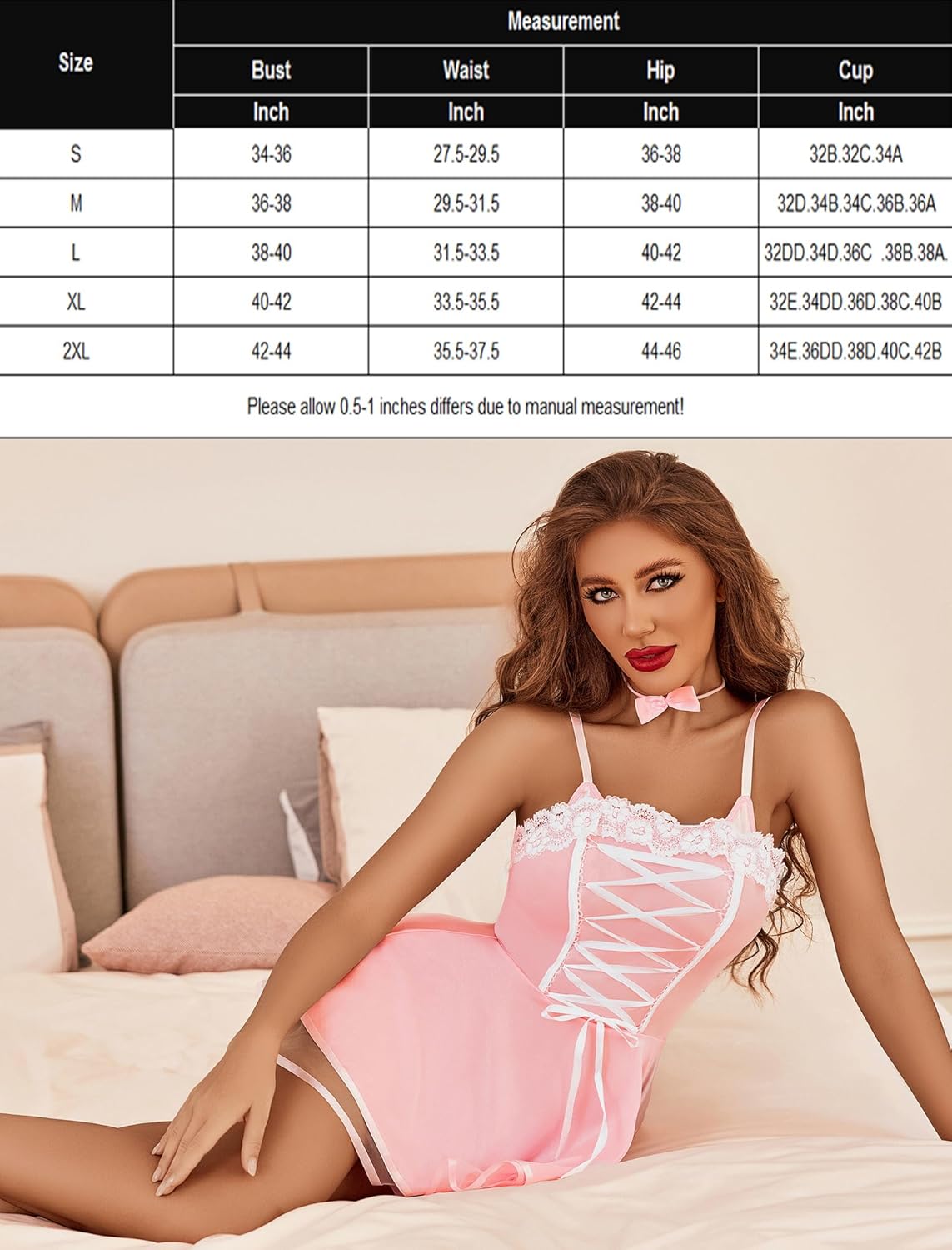 Pink corset maid dress with white lace trim and crisscross front lacing, bow at neck