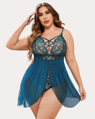 Plus size lace nighty, teal sheer babydoll with lace cups, crisscross neckline, V-cut
