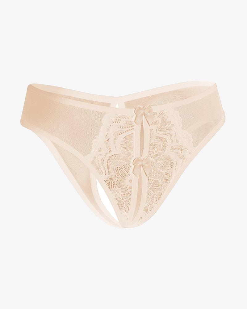 Champagne mesh thong-style briefs with lace panel and bow at center front