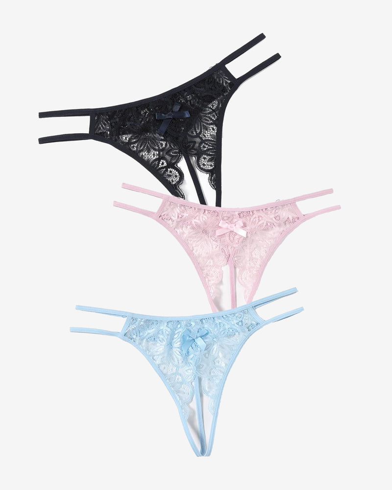 Floral lace thong briefs set with cute bow, in black, pink, and light blue