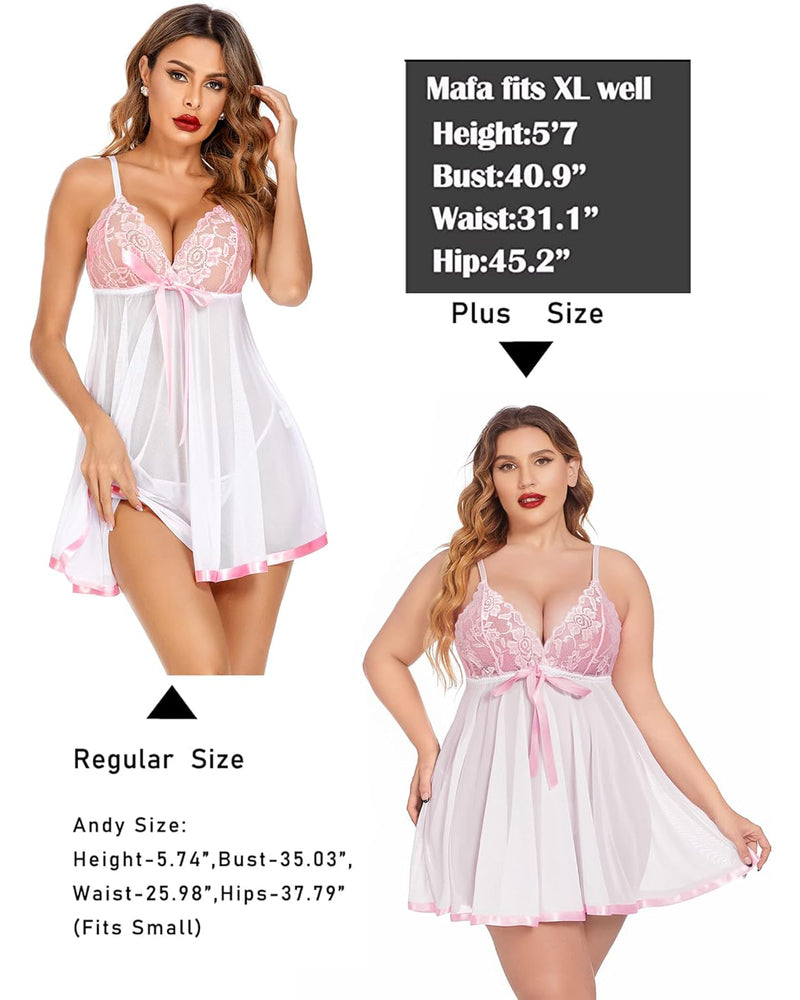 White sheer babydoll with pink lace cups and ribbon bow, short A-line hem