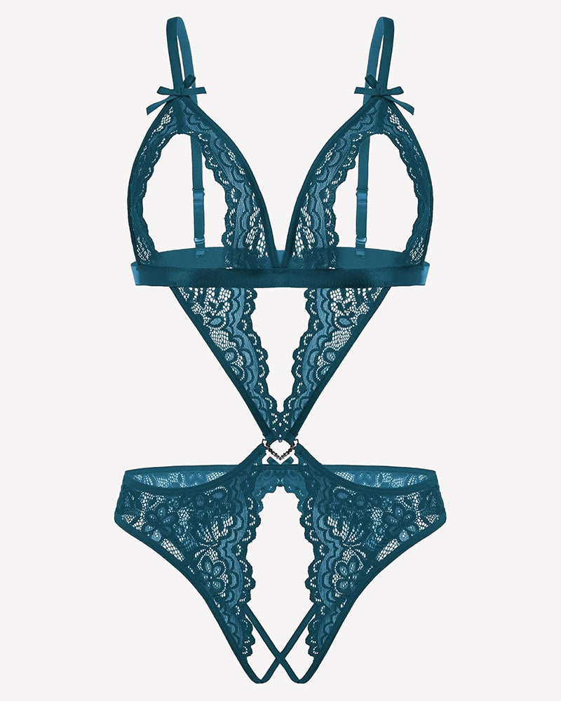 Teal lace deep V teddy bodysuit with bow straps and heart-shaped charm detail