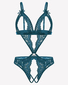 Teal lace deep V teddy bodysuit with bow straps and heart-shaped charm detail