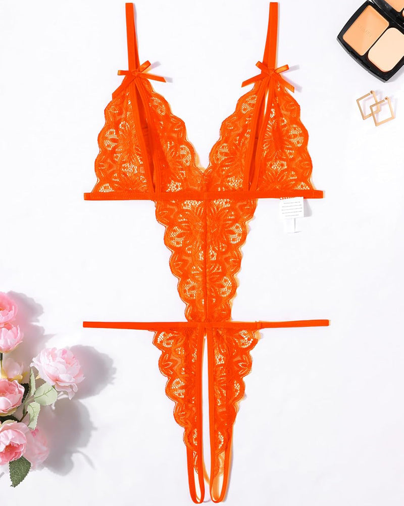 Bright orange lace deep V bodysuit teddy with bow straps and lace thong cutout