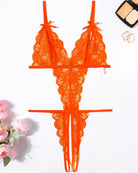 Bright orange lace deep V bodysuit teddy with bow straps and lace thong cutout